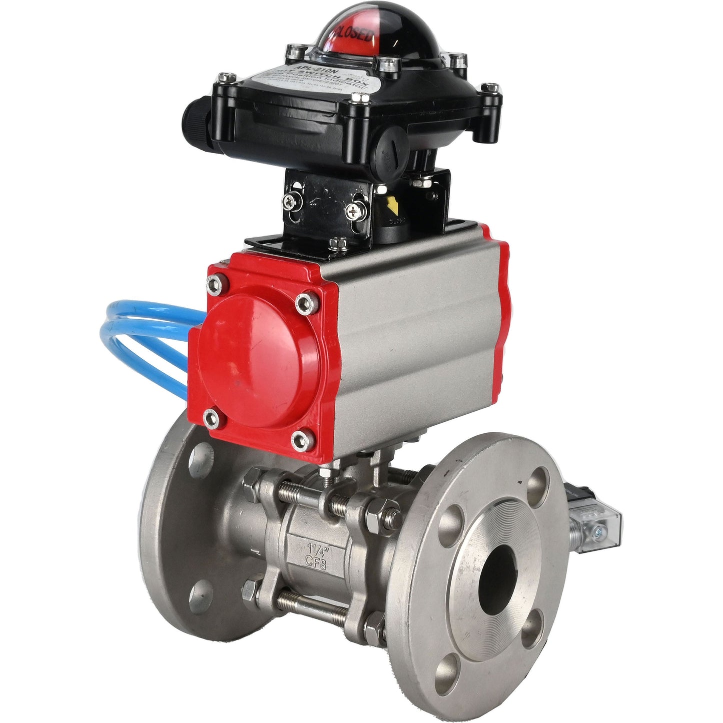 Ball valves DNOVA BV3131P(3pc)-FP-F-ISO-H 16 bar, three-piece full bore flanged, stainless steel SS304, seal - PTFE, with pneumatic actuator PA-SA with return springs, with pneumatic distributor 4V320-10 220V, with LSU APL-210N