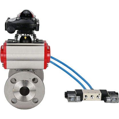 Ball valves DNOVA BV3232P(3pc)-FP-F-ISO-H 16 bar, three-piece full bore flanged, stainless steel SS304, seal - PTFE, with pneumatic actuator PA-SA with return springs, with pneumatic distributor 4V320-08 220V, with LSU APL-210N