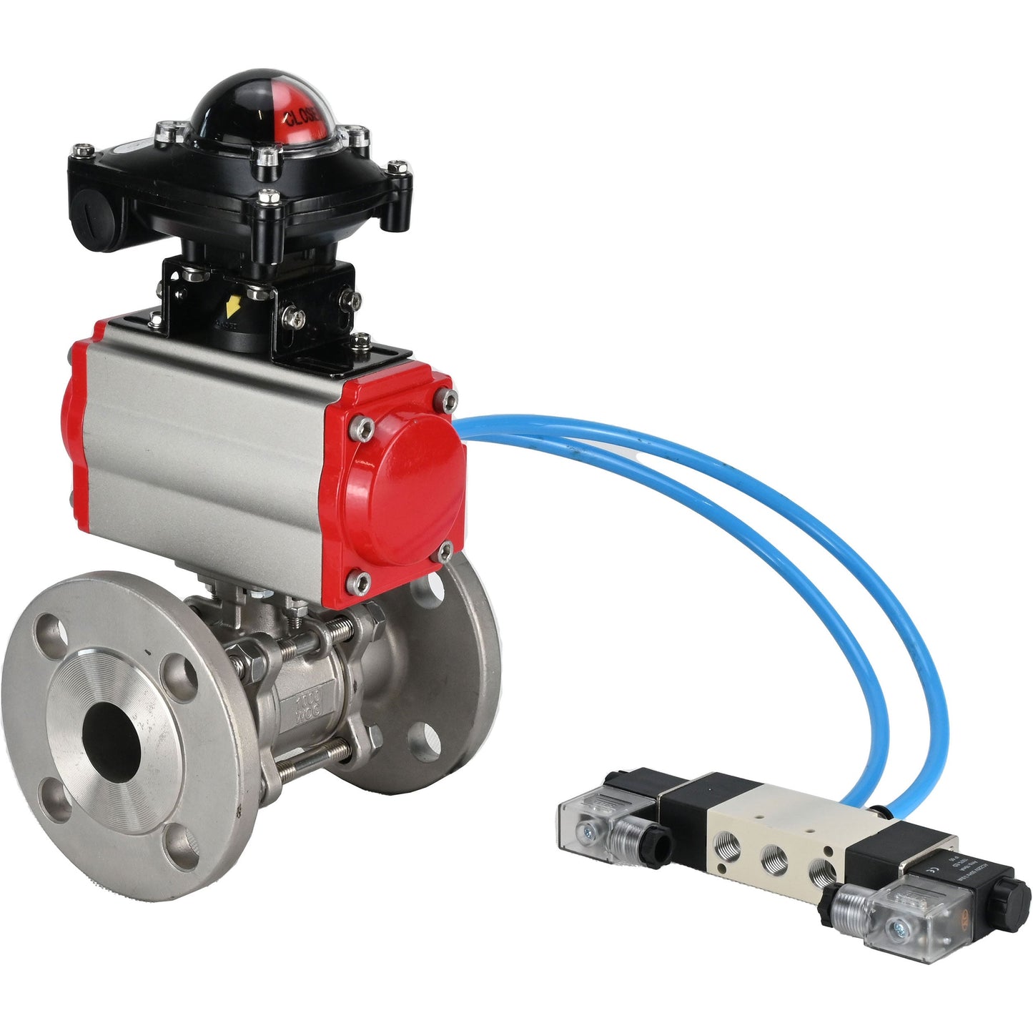 Ball valves DNOVA BV3131P(3pc)-FP-F-ISO-H 16 bar, three-piece full bore flanged, stainless steel SS304, seal - PTFE, with pneumatic actuator PA-SA with return springs, with pneumatic distributor 4V320-10 220V, with LSU APL-210N