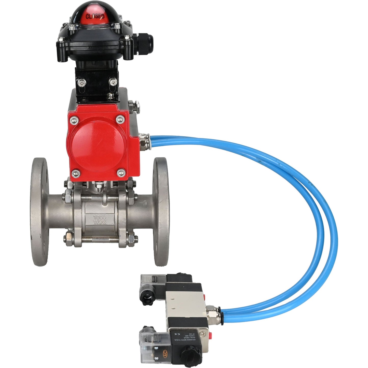 Ball valves DNOVA BV3131P(3pc)-FP-F-ISO-H 16 bar, three-piece full bore flanged, stainless steel SS304, seal - PTFE, with pneumatic actuator PA-SA with return springs, with pneumatic distributor 4V320-10 220V, with LSU APL-210N