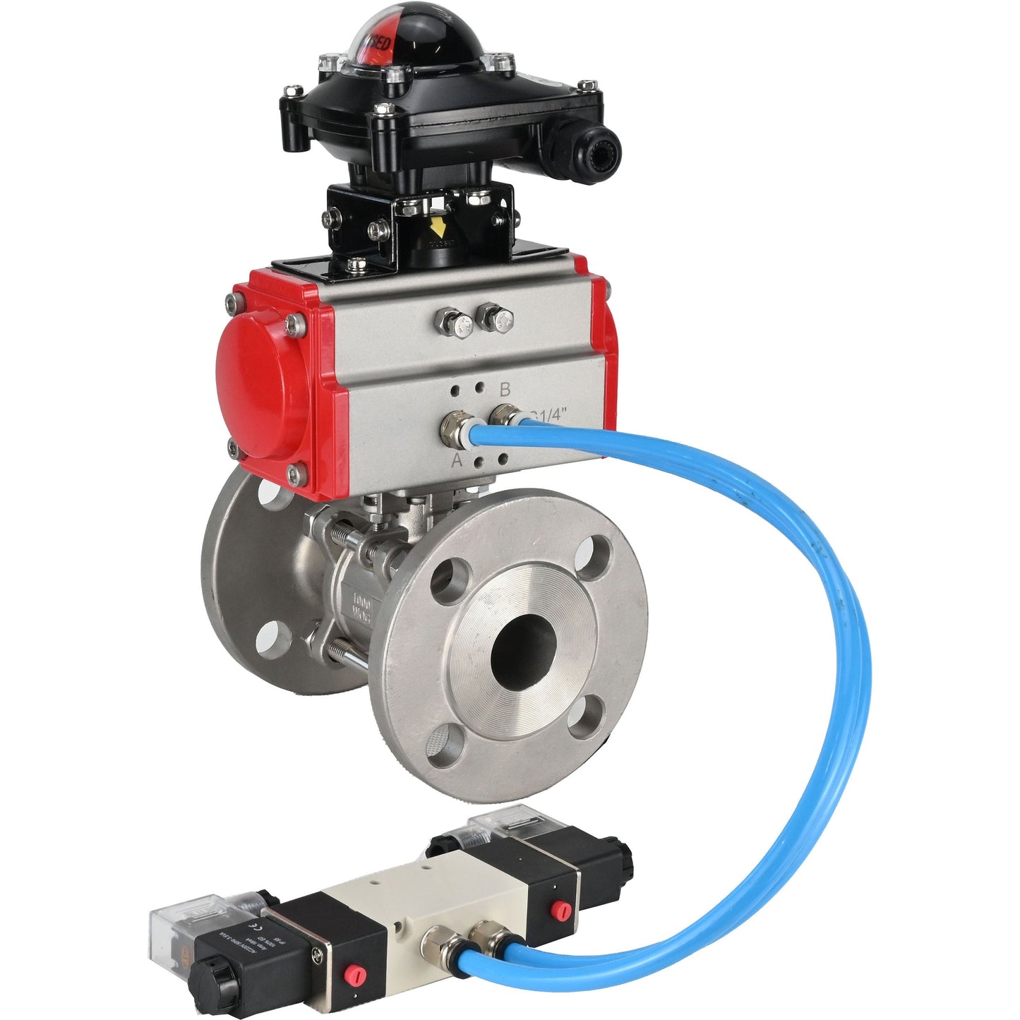 Ball valves DNOVA BV3131P(3pc)-FP-F-ISO-H 16 bar, three-piece full bore flanged, stainless steel SS304, seal - PTFE, with pneumatic actuator PA-SA with return springs, with pneumatic distributor 4V320-08 220V, with LSU APL-210N