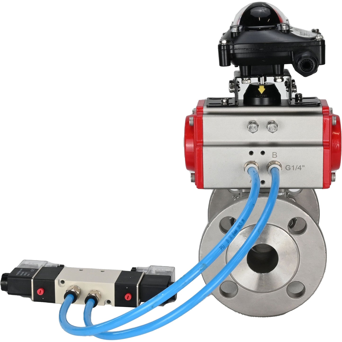 Ball valves DNOVA BV3131P(3pc)-FP-F-ISO-H 16 bar, three-piece full bore flanged, stainless steel SS304, seal - PTFE, with pneumatic actuator PA-SA with return springs, with pneumatic distributor 4V320-10 220V, with LSU APL-210N