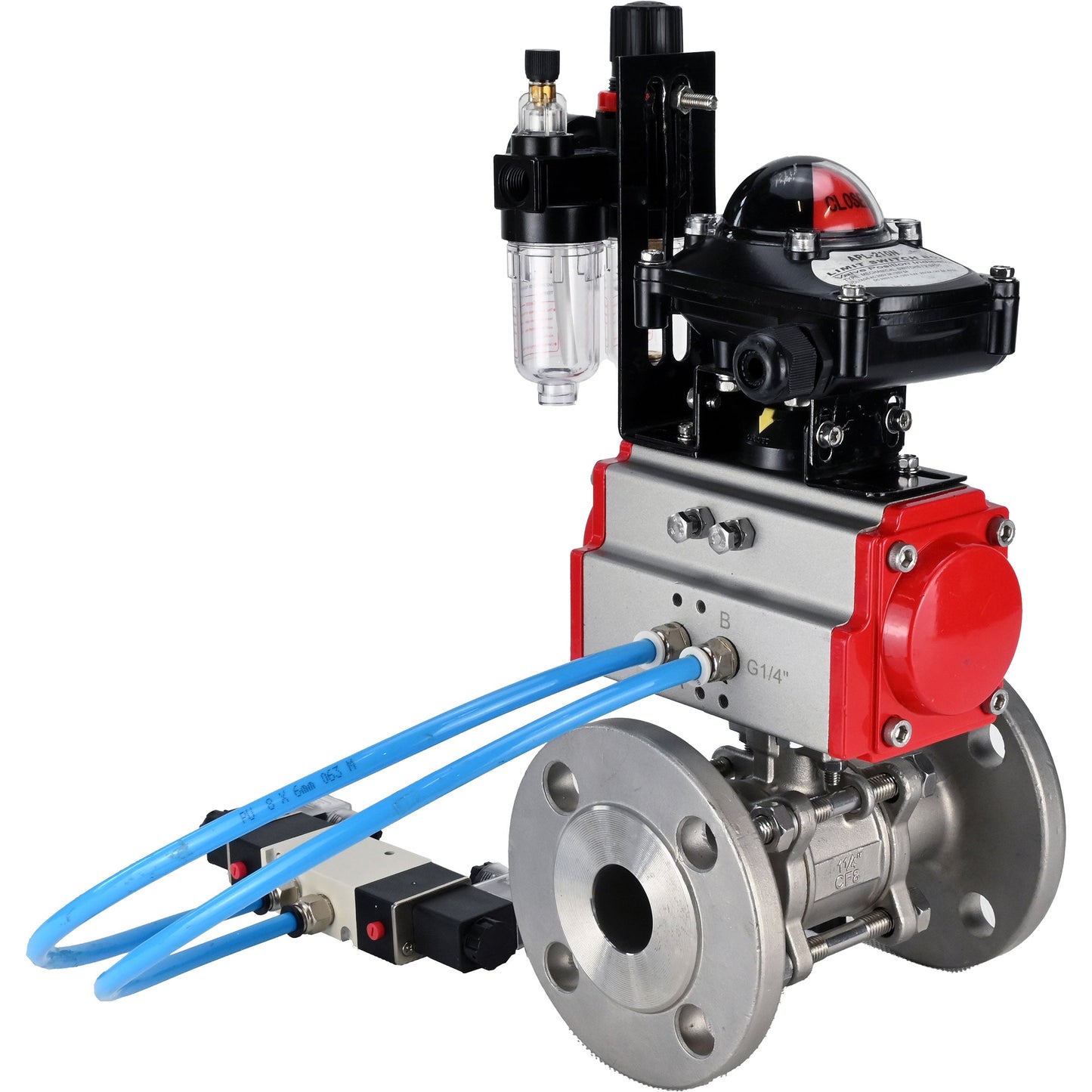 Ball valves DNOVA BV3131P(3pc)-FP-F-ISO-H 16 bar, three-piece full bore flanged, stainless steel SS304, PTFE, with pneumatic actuator PA-SA with return springs, with pneumatic distributor 4V320-10 220V, with LSU APL -210N, with ATU AFC2000