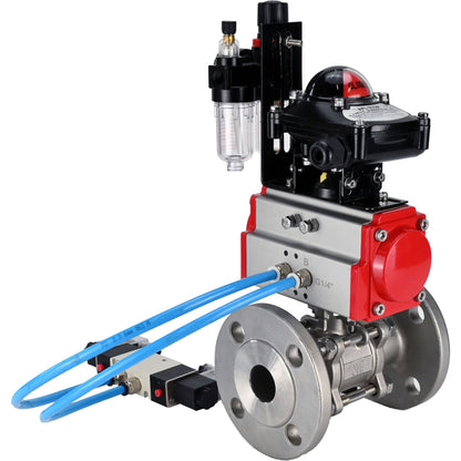 Ball valves DNOVA BV3131P(3pc)-FP-F-ISO-H 16 bar, three-piece full bore flanged, stainless steel SS304, PTFE, with pneumatic actuator PA-SA with return springs, with pneumatic distributor 4V320-10 220V, with LSU APL -210N, with ATU AFC2000