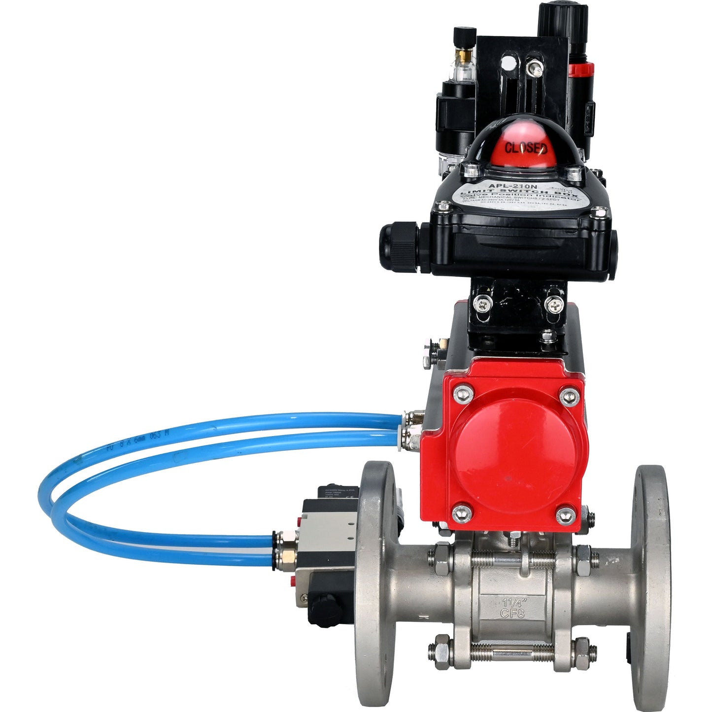 Ball valves DNOVA BV3131P(3pc)-FP-F-ISO-H 16 bar, three-piece full bore flanged, stainless steel SS304, PTFE, with pneumatic actuator PA-SA with return springs, with pneumatic distributor 4V320-10 220V, with LSU APL -210N, with ATU AFC2000