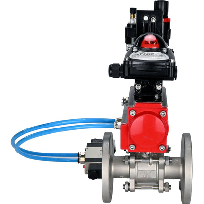 Ball valves DNOVA BV3131P(3pc)-FP-F-ISO-H 16 bar, three-piece full bore flanged, stainless steel SS304, PTFE, with pneumatic actuator PA-SA with return springs, with pneumatic distributor 4V320-10 220V, with LSU APL -210N, with ATU AFC2000