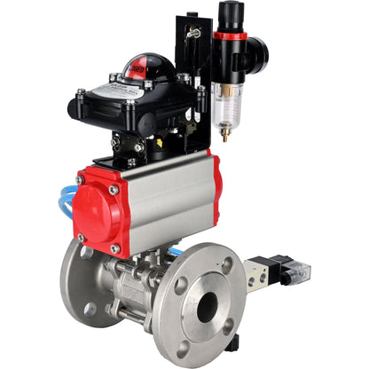 Ball valves DNOVA BV3131P(3pc)-FP-F-ISO-H 16 bar, three-piece full bore flanged, stainless steel SS304, PTFE, with pneumatic actuator PA-SA with return springs, with pneumatic distributor 4V320-10 220V, with LSU APL -210N, with ATU AFC2000