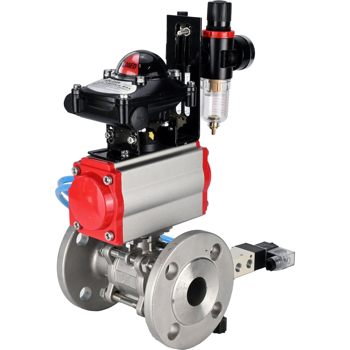 Ball valves DNOVA BV3131P(3pc)-FP-F-ISO-H 16 bar, three-piece full bore flanged, stainless steel SS304, PTFE, with pneumatic actuator PA-SA with return springs, with pneumatic distributor 4V320-08 220V, with LSU APL -210N, with ATU AFC2000