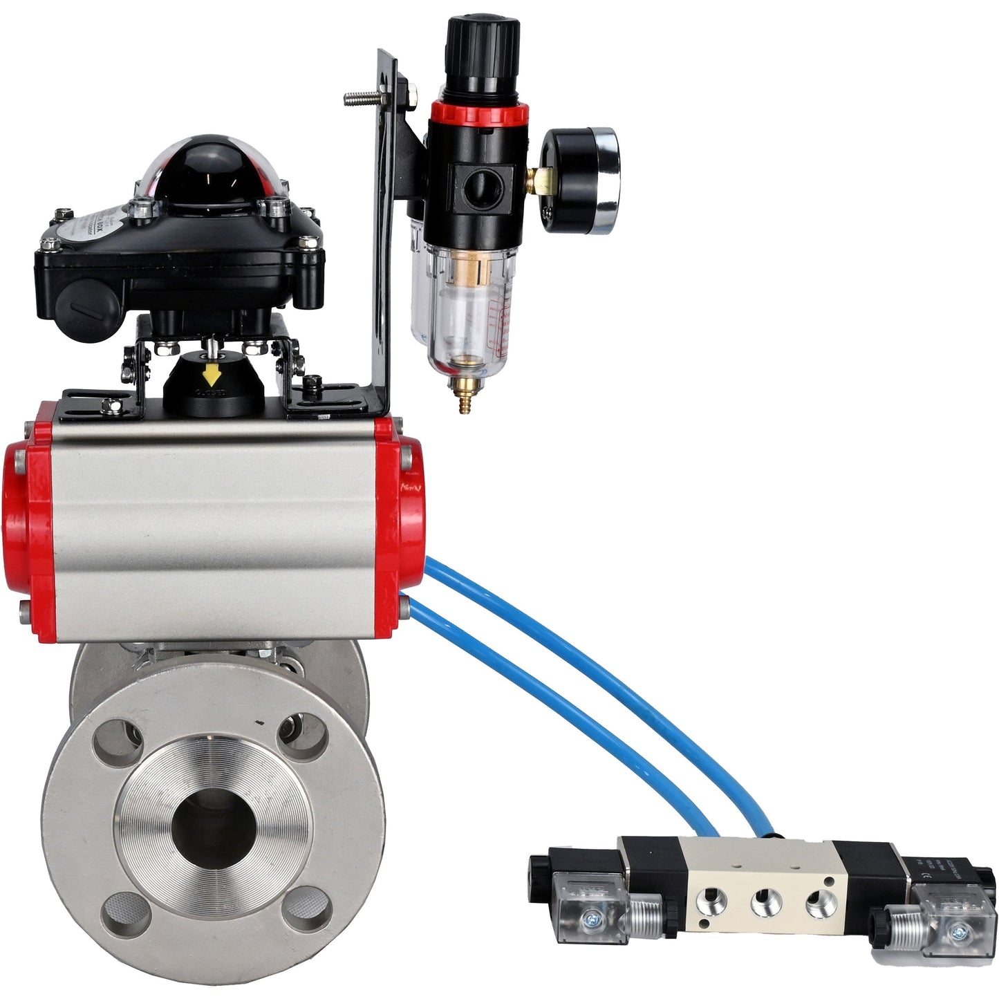 Ball valves DNOVA BV3131P(3pc)-FP-F-ISO-H 16 bar, three-piece full bore flanged, stainless steel SS304, PTFE, with pneumatic actuator PA-SA with return springs, with pneumatic distributor 4V320-10 220V, with LSU APL -210N, with ATU AFC2000