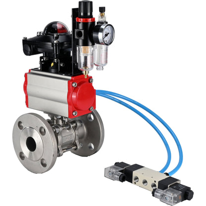 Ball valves DNOVA BV3131P(3pc)-FP-F-ISO-H 16 bar, three-piece full bore flanged, stainless steel SS304, seal - PTFE, with double-acting PA-DA pneumatic actuator, with pneumatic distributor 4V320-08 220V, with LSU APL-210N, with ATU AFC2000