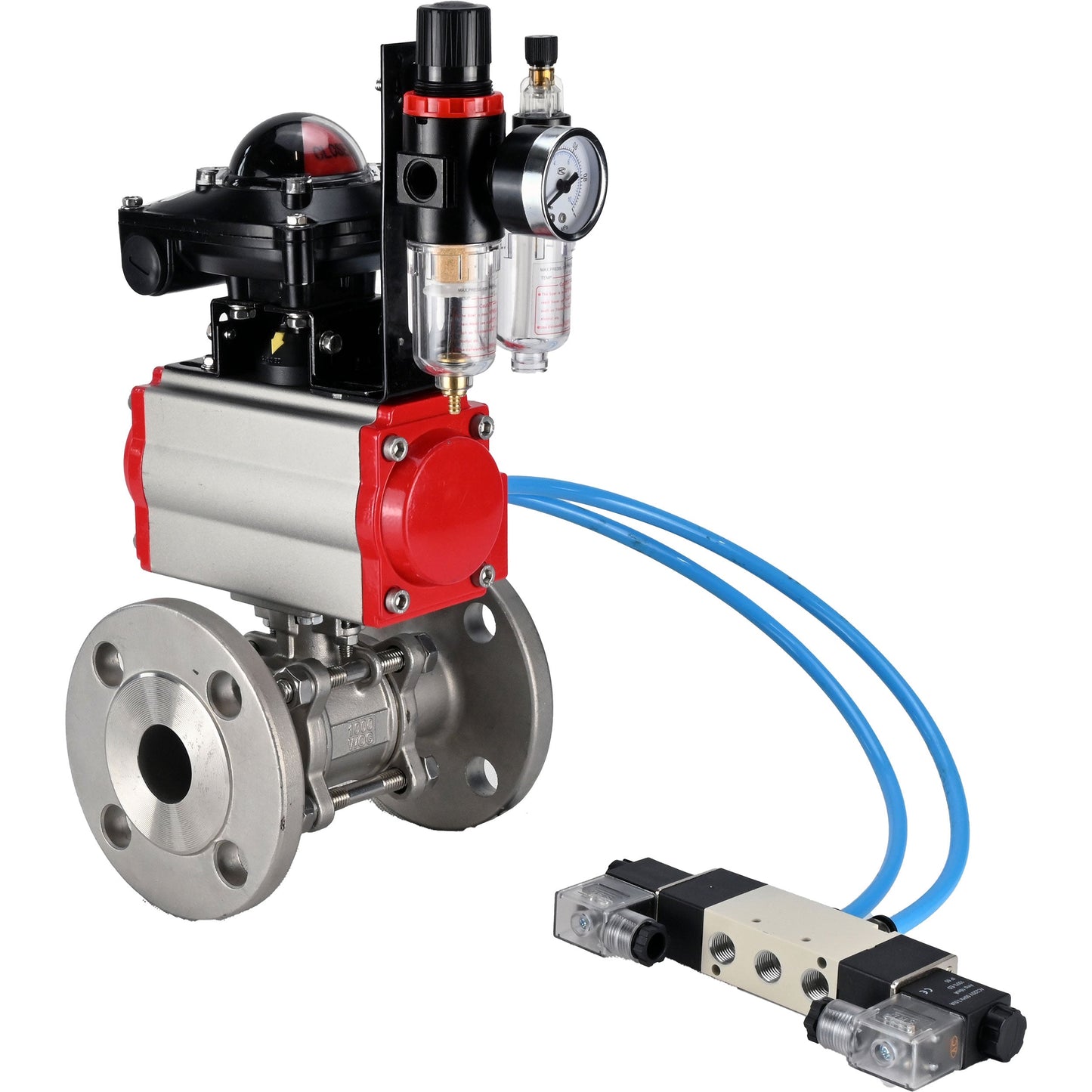 Ball valves DNOVA BV3131P(3pc)-FP-F-ISO-H 16 bar, three-piece full bore flanged, stainless steel SS304, PTFE, with pneumatic actuator PA-SA with return springs, with pneumatic distributor 4V320-10 220V, with LSU APL -210N, with ATU AFC2000