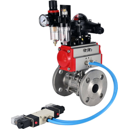 Ball valves DNOVA BV3232P(3pc)-FP-F-ISO-H 16 bar, three-piece full bore flanged, stainless steel SS304, PTFE, with pneumatic actuator PA-SA with return springs, with pneumatic distributor 4V320-10 220V, with LSU APL -210N, with ATU AFC2000