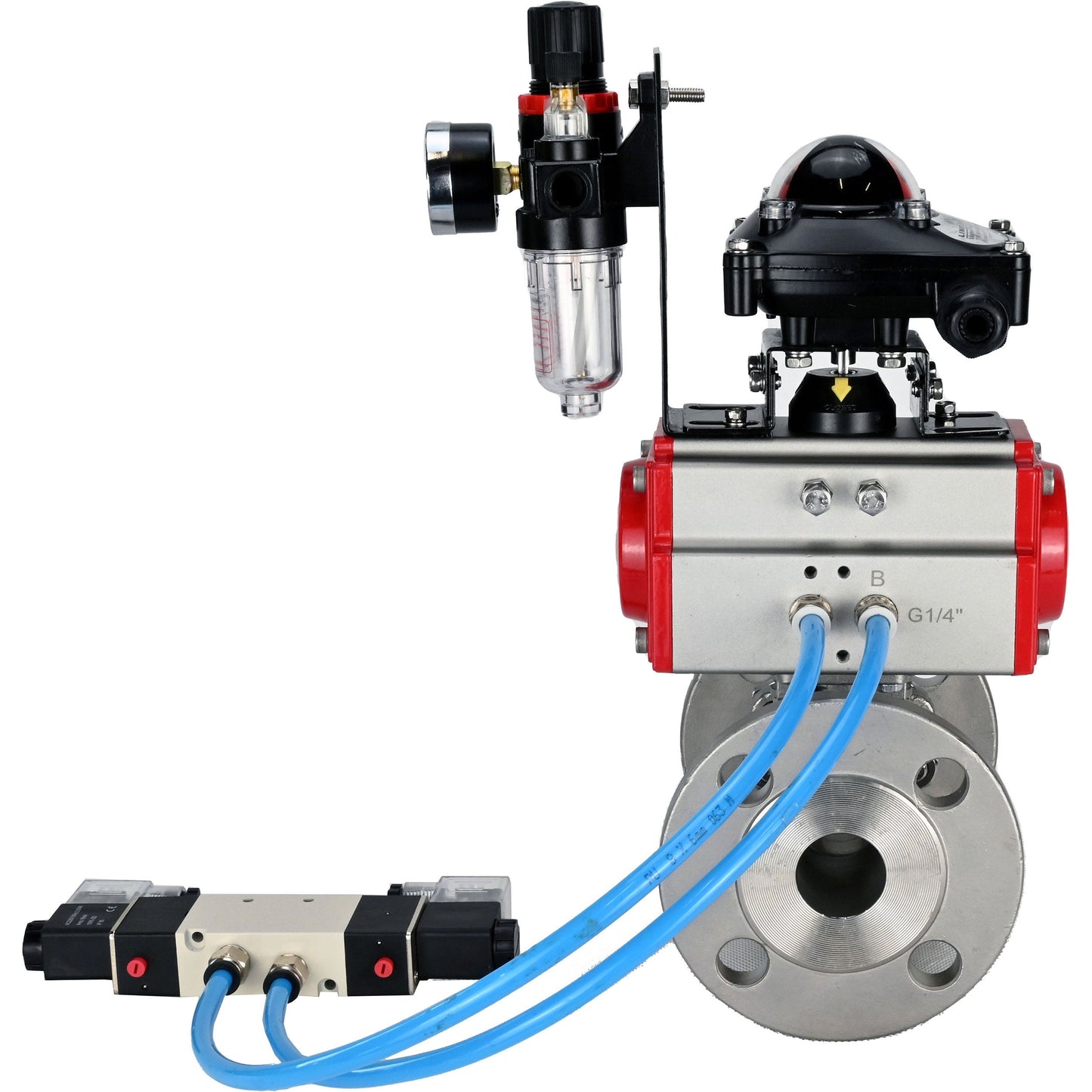 Ball valves DNOVA BV3131P(3pc)-FP-F-ISO-H 16 bar, three-piece full bore flanged, stainless steel SS304, PTFE, with pneumatic actuator PA-SA with return springs, with pneumatic distributor 4V320-10 220V, with LSU APL -210N, with ATU AFC2000