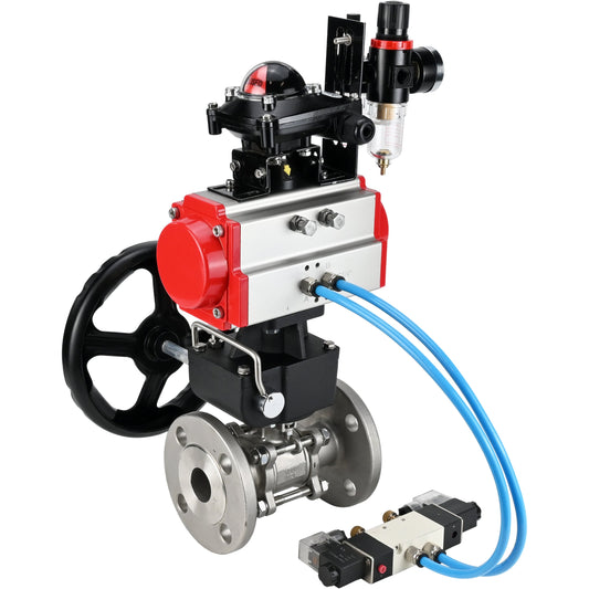 Ball valves DNOVA BV3131P(3pc)-FP-F-ISO-H DN15-40 16 bar, three-piece full bore flanged, stainless steel SS304, PTFE, with pneumatic drive PA-DA, with pneumatic distributor 4V320-08 220V, with LSU APL-210N, manual Doubler MON1-250-T26-ISO, with ATU AFC