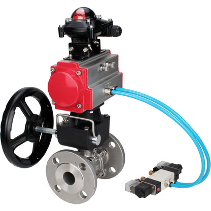 Ball valves DNOVA BV3131P(3pc)-FP-F-ISO-H DN15-40 16 bar, three-piece full bore flanged, stainless steel SS304, PTFE, with double-acting PA-DA pneumatic actuator, with pneumatic distributor 4V320-08 220V, with LSU APL- 210N, manual Doubler MON1-250-T26