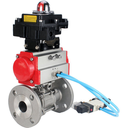 Ball valves DNOVA BV3131P(3pc)-FP-F-ISO-H 16 bar, three-piece full bore flanged, stainless steel SS304, seal - PTFE, with double-acting PA-DA pneumatic actuator, with pneumatic distributor 4V320-08 220V, with LSU APL-410N EX