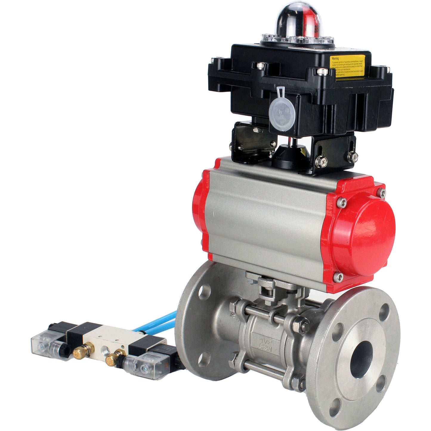 Ball valves DNOVA BV3131P(3pc)-FP-F-ISO-H 16 bar, three-piece full bore flanged, stainless steel SS304, seal - PTFE, with pneumatic actuator PA-SA with return springs, with pneumatic distributor 4V320-10 220V, with LSU APL-410N EX