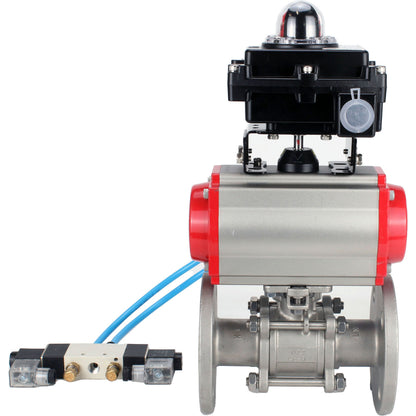 Ball valves DNOVA BV3131P(3pc)-FP-F-ISO-H 16 bar, three-piece full bore flanged, stainless steel SS304, seal - PTFE, with pneumatic actuator PA-SA with return springs, with pneumatic distributor 4V320-10 220V, with LSU APL-410N EX