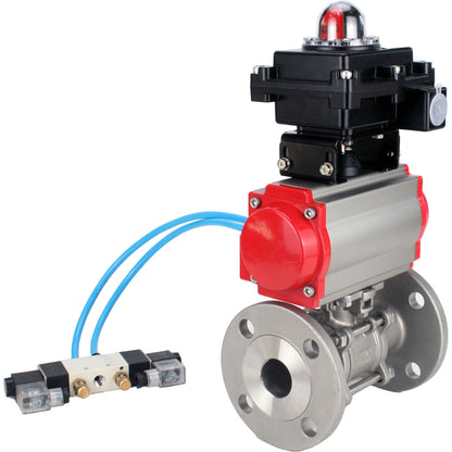 Ball valves DNOVA BV3131P(3pc)-FP-F-ISO-H 16 bar, three-piece full bore flanged, stainless steel SS304, seal - PTFE, with double-acting PA-DA pneumatic actuator, with pneumatic distributor 4V320-08 220V, with LSU APL-410N EX
