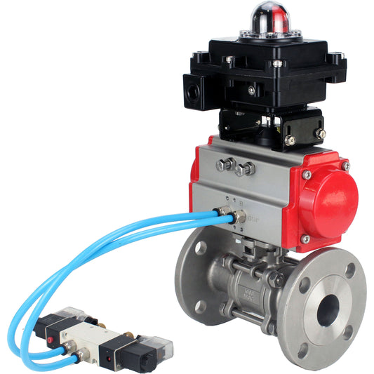 Ball valves DNOVA BV3131P(3pc)-FP-F-ISO-H 16 bar, three-piece full bore flanged, stainless steel SS304, seal - PTFE, with pneumatic actuator PA-SA with return springs, with pneumatic distributor 4V320-10 220V, with LSU APL-410N EX