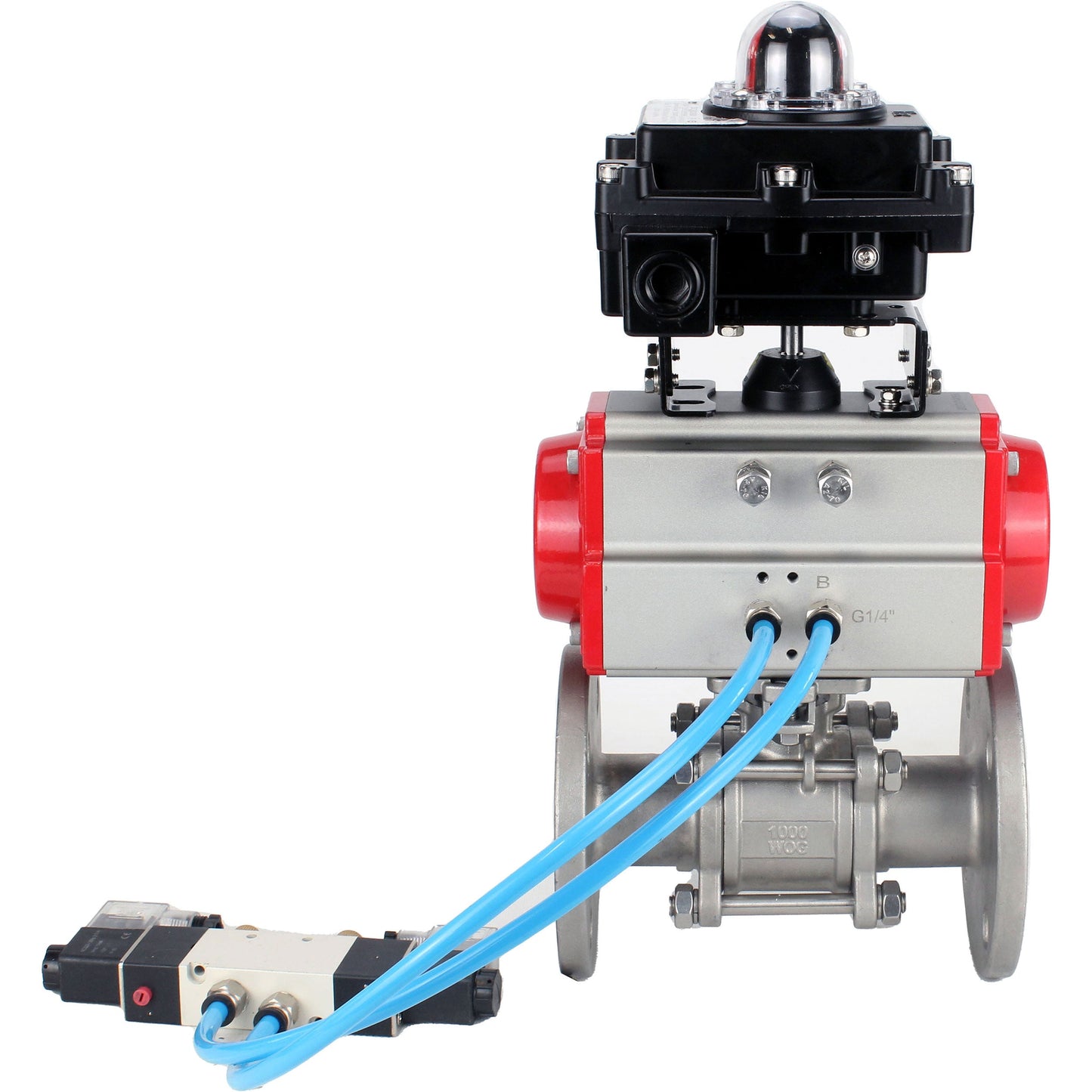 Ball valves DNOVA BV3131P(3pc)-FP-F-ISO-H 16 bar, three-piece full bore flanged, stainless steel SS304, seal - PTFE, with pneumatic actuator PA-SA with return springs, with pneumatic distributor 4V320-08 220V, with LSU APL-410N EX