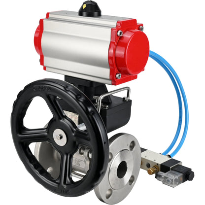 Ball valves DNOVA BV3131P(3pc)-FP-F-ISO-H DN15-40 16 bar, three-piece full bore flanged, stainless steel SS304, seal - PTFE, with double-acting PA-DA pneumatic actuator, with pneumatic distributor 4V320-08 220V, with manual DNbler MON1-250-T26-I