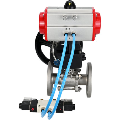 Ball valves DNOVA BV3131P(3pc)-FP-F-ISO-H DN15-40 16 bar, three-piece full bore flanged, stainless steel SS304, seal - PTFE, with double-acting PA-DA pneumatic actuator, with pneumatic distributor 4V320-08 220V, with manual DNbler MON1-250-T26-I