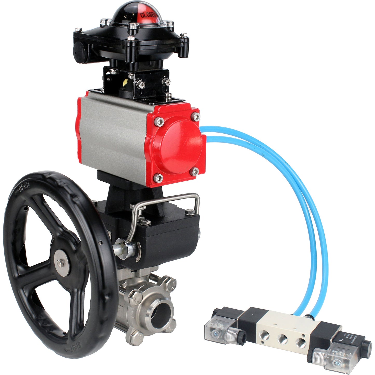 Ball valves DNOVA BV3232P(3pc)-FP-W-ISO-H,  body material - Stainless steel AISI 316, seal - PTFE / PTFE / Teflon, with pneumatic actuator double action PA-DA, 4V320-10 220V, LSU APL-210N, handwheel MON