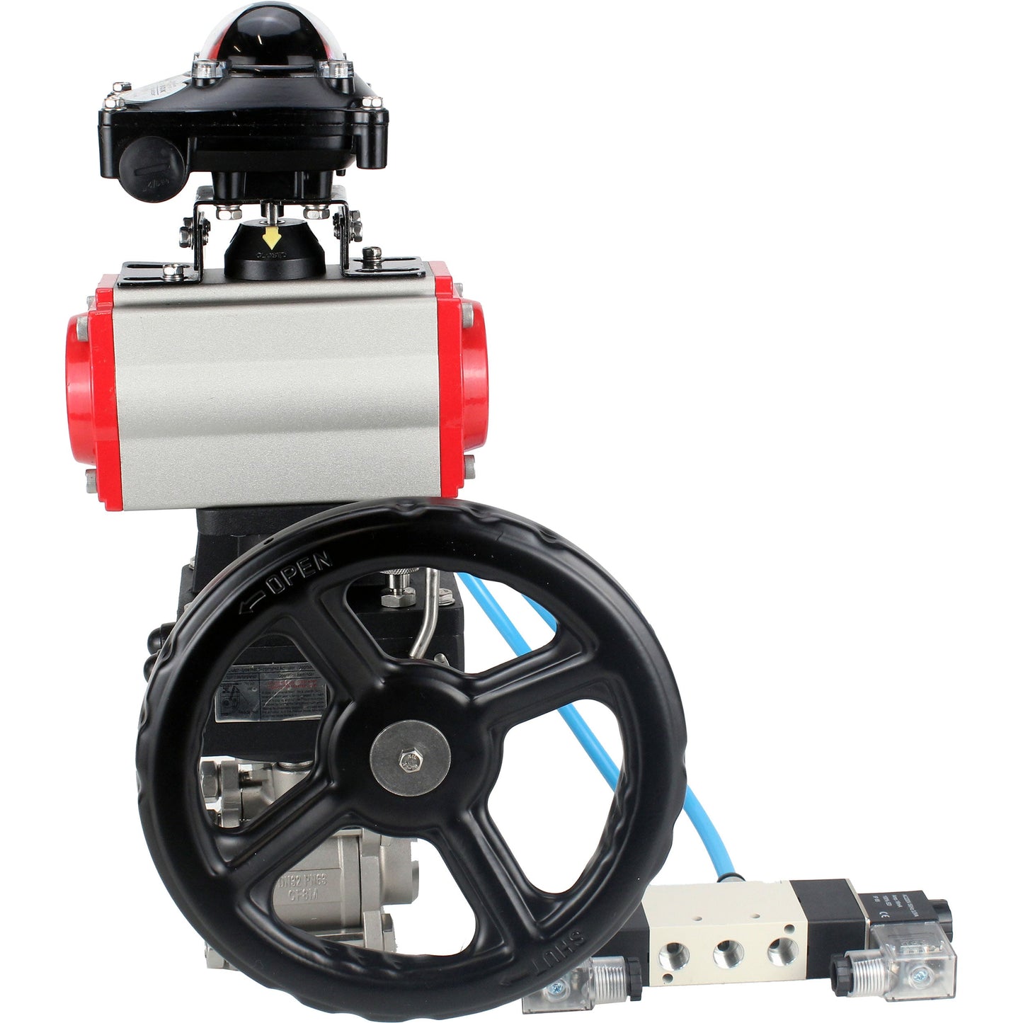 Ball valves DNOVA BV3232P(3pc)-FP-W-ISO-H,  body material - Stainless steel AISI 316, seal - PTFE / PTFE / Teflon, with pneumatic actuator double action PA-DA, 4V320-10 220V, LSU APL-210N, handwheel MON