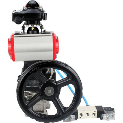 Ball valves DNOVA BV3232P(3pc)-FP-W-ISO-H,  body material - Stainless steel AISI 316, seal - PTFE / PTFE / Teflon, with pneumatic actuator double action PA-DA, 4V320-10 220V, LSU APL-210N, handwheel MON