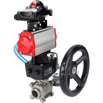 Ball valves DNOVA BV3232P(3pc)-FP-W-ISO-H,  body material - Stainless steel AISI 316, seal - PTFE / PTFE / Teflon, with pneumatic actuator double action PA-DA, 4V320-10 220V, LSU APL-210N, handwheel MON