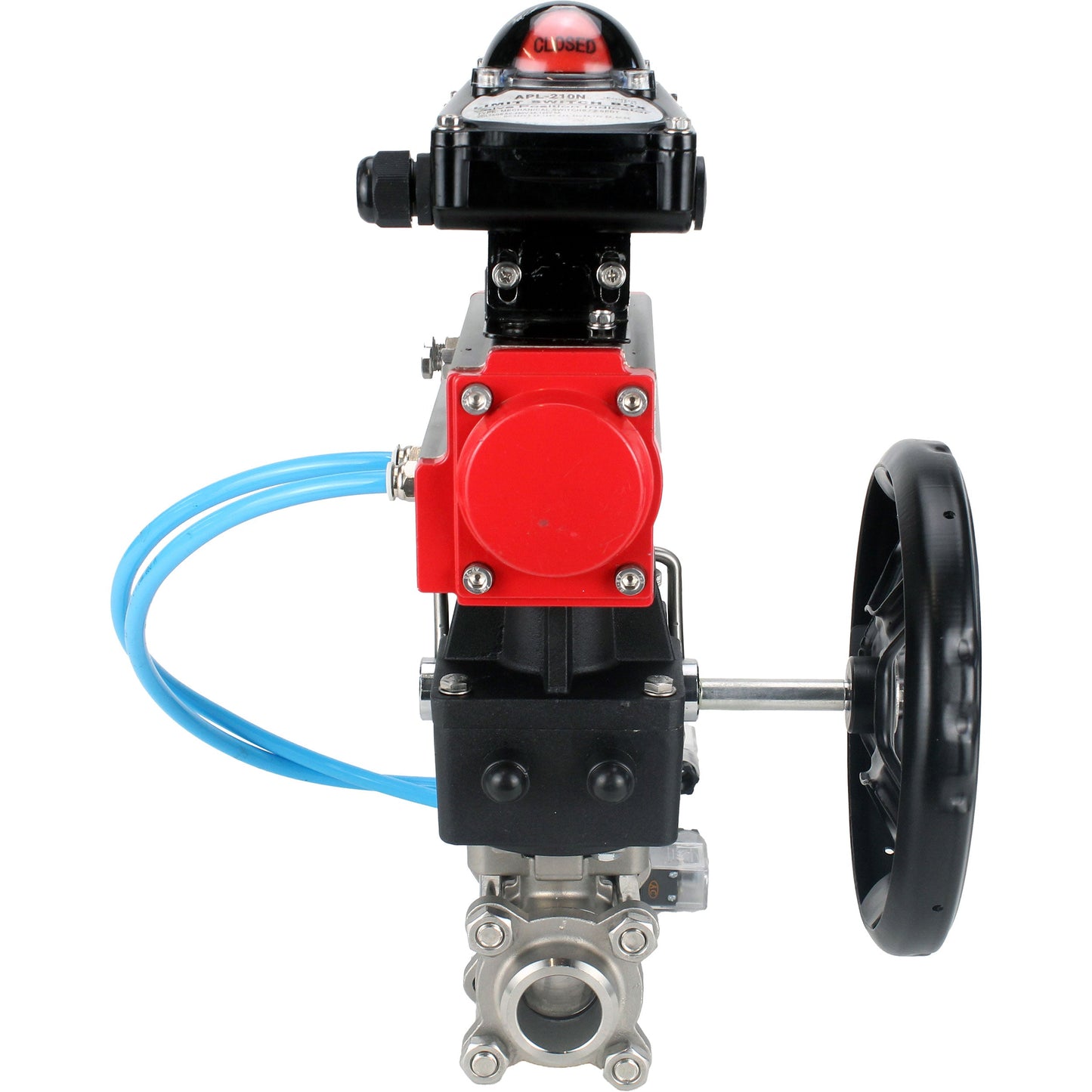 Ball valves DNOVA BV3232P(3pc)-FP-W-ISO-H,  body material - Stainless steel AISI 316, seal - PTFE / PTFE / Teflon, with pneumatic actuator double action PA-DA, 4V320-10 220V, LSU APL-210N, handwheel MON
