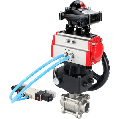 Ball valves DNOVA BV3232P(3pc)-FP-W-ISO-H,  body material - Stainless steel AISI 316, seal - PTFE / PTFE / Teflon, with pneumatic actuator double action PA-DA, 4V320-10 220V, LSU APL-210N, handwheel MON