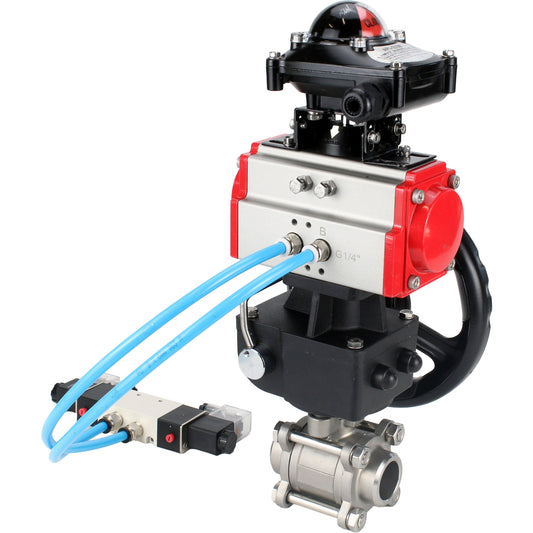 Ball valves DNOVA BV3232P(3pc)-FP-W-ISO-H,  body material - Stainless steel AISI 316, seal - PTFE / PTFE / Teflon, with pneumatic actuator double action PA-DA, 4V320-10 220V, LSU APL-210N, handwheel MON