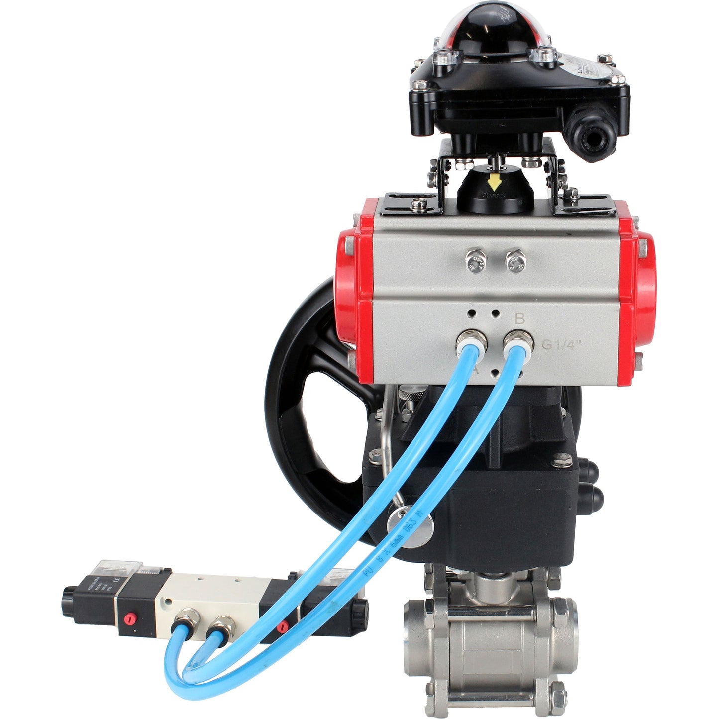 Ball valves DNOVA BV3232P(3pc)-FP-W-ISO-H,  body material - Stainless steel AISI 316, seal - PTFE / PTFE / Teflon, with pneumatic actuator double action PA-DA, 4V320-10 220V, LSU APL-210N, handwheel MON
