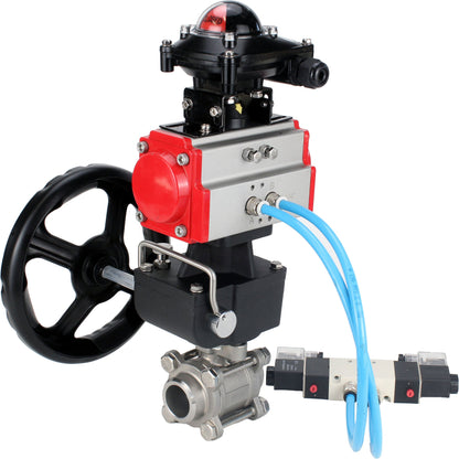 Ball valves DNOVA BV3232P(3pc)-FP-W-ISO-H,  body material - Stainless steel AISI 316, seal - PTFE / PTFE / Teflon, with pneumatic actuator double action PA-DA, 4V320-10 220V, LSU APL-210N, handwheel MON