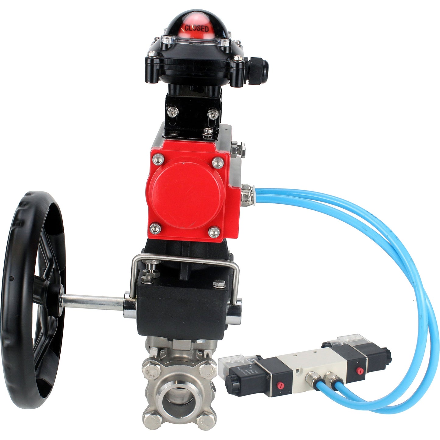 Ball valves DNOVA BV3232P(3pc)-FP-W-ISO-H,  body material - Stainless steel AISI 316, seal - PTFE / PTFE / Teflon, with pneumatic actuator double action PA-DA, 4V320-10 220V, LSU APL-210N, handwheel MON