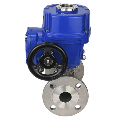 Válvula de bola de acero inoxidable DNOVA BVFPT.304.180 de tres piezas, material del cuerpo: acero inoxidable SS304, junta: PTFE, brida, paso completo, actuador eléctrico de cuarto de vuelta DNOVA QT-W (M) 220 V