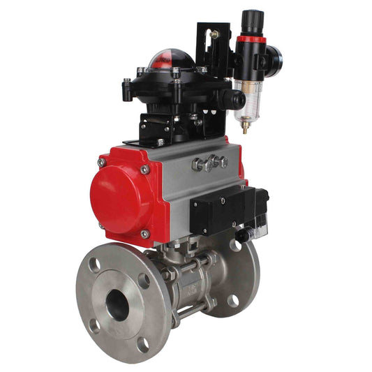Stainless steel ball valve DNOVA ksfpt-316-180-da-4m310-24v-apl210n-afc2000, body material - stainless steel AISI 316, ball material - stainless steel AISI 316, seal - PTFE, pneumatic actuator operated