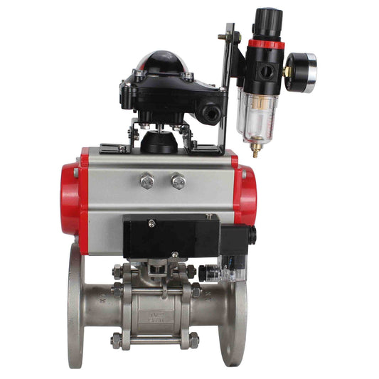 Stainless steel ball valve DNOVA ksfpt-304-180-da-4m310-24v-apl210n-afc2000, body material - stainless steel AISI 304, ball material - stainless steel AISI 304, seal - PTFE, pneumatic actuator operated