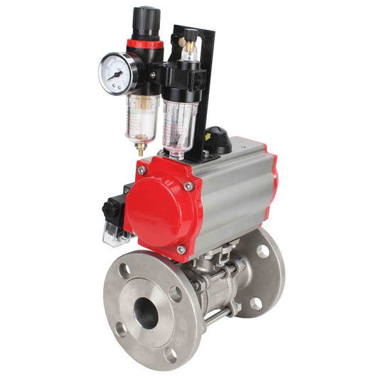 Stainless steel ball valve DNOVA ksfpt-304-180-da-4m310-24v-afc2000, body material - stainless steel AISI 304, ball material - stainless steel AISI 304, seal - PTFE, pneumatic actuator operated