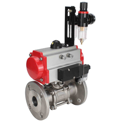 Stainless steel ball valve DNOVA ksfpt-316-180-da-4m310-24v-afc2000, body material - stainless steel AISI 316, ball material - stainless steel AISI 316, seal - PTFE, pneumatic actuator operated