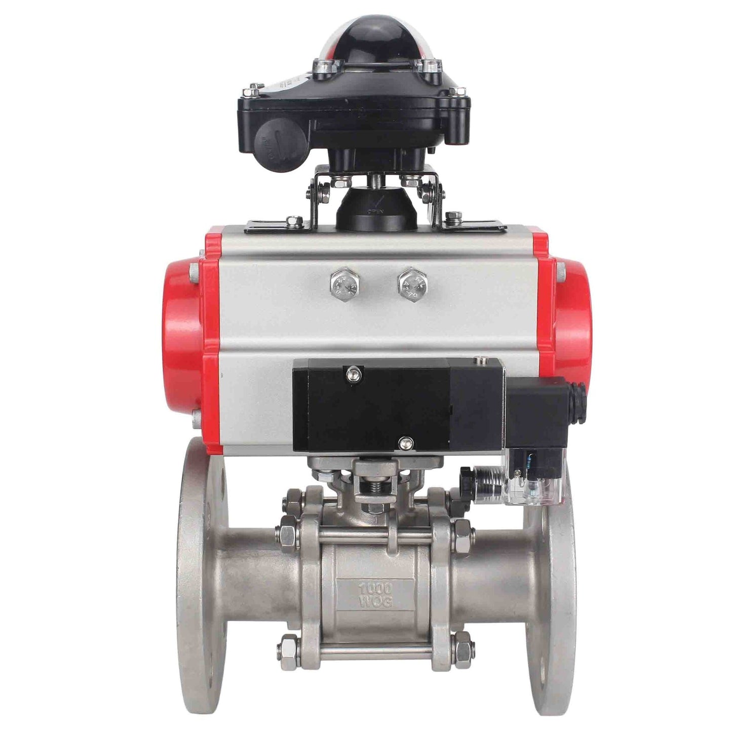 Stainless steel ball valve DNOVA ksfpt-304-180-da-4m310-110/220v-apl210n, body material - stainless steel AISI 304, ball material - stainless steel AISI 304, seal - PTFE, pneumatic actuator operated