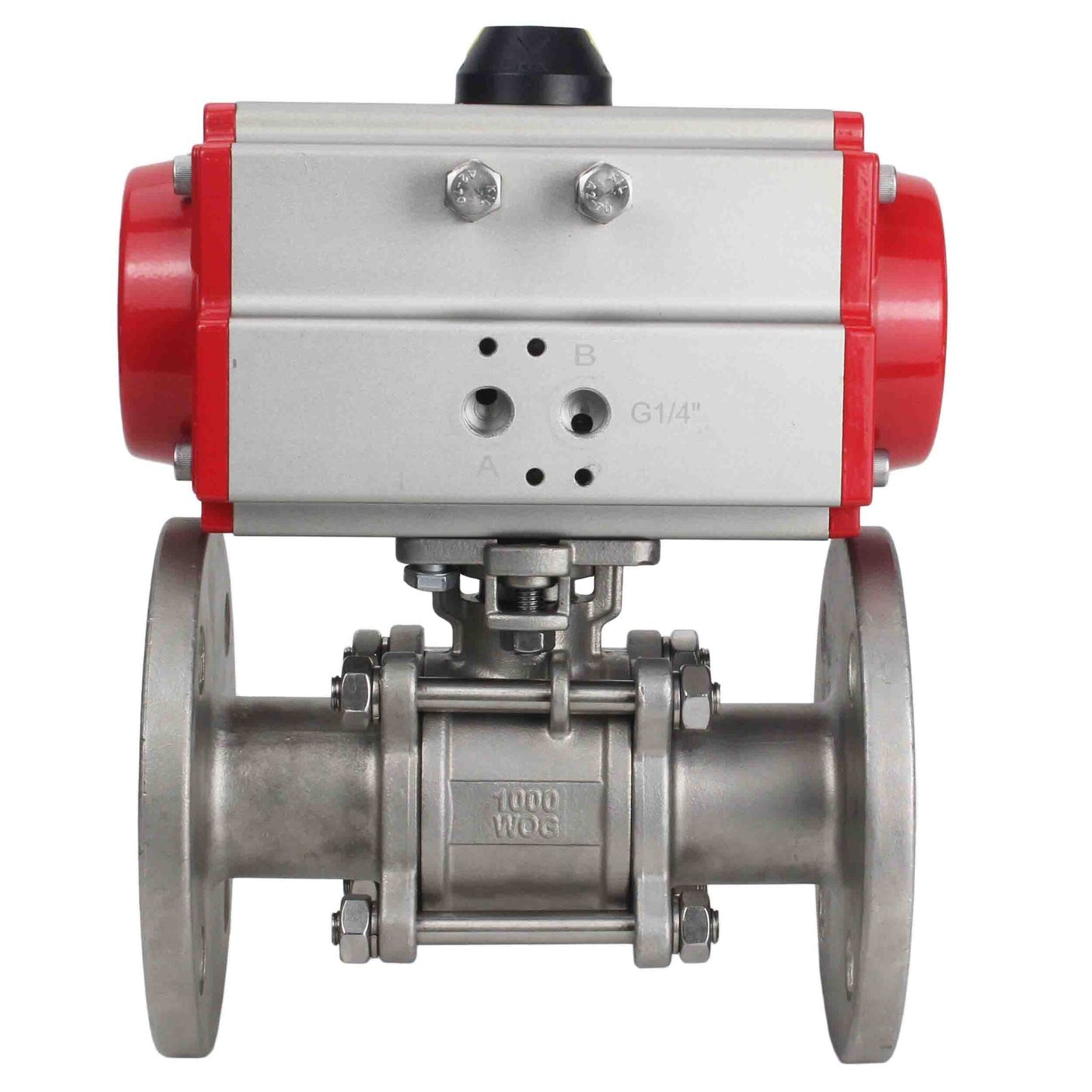 Stainless steel ball valve DNOVA ksfpt-304-180-da, body material - stainless steel AISI 304, ball material - stainless steel AISI 304, seal - PTFE, pneumatic actuator operated