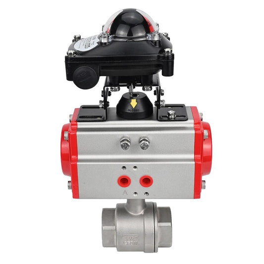 Válvula de bola de acero inoxidable DNOVA BVMP.316.230-ISO 914 PSI, roscada, paso completo, material del cuerpo - acero inoxidable AISI 316, con actuador neumático de doble efecto DNOVA DA, bloque de interruptores de final de carrera APL-410N EX