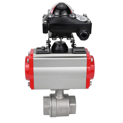 Válvula de bola de acero inoxidable DNOVA BVMP.316.230-ISO 914 PSI, roscada, paso completo, material del cuerpo - acero inoxidable AISI 316, con actuador neumático con resortes de retorno DNOVA SA, bloque de interruptores de final de carrera APL-410N EX