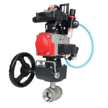 Stainless steel ball valve DNOVA BVMP.316.230-ISO 914 PSI, threaded, full port, body material - stainless steel AISI 316, with double-acting pneumatic actuator DNOVA DA, pneumatic distributor 4M310-08 220V, limit switch block APL-410N EX, manual