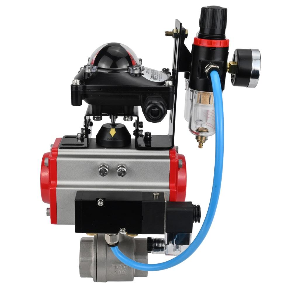 Stainless steel ball valve DNOVA BVMP.316.230-ISO 914 PSI, threaded, full port, body material - stainless steel AISI 316, with pneumatic actuator with return springs DNOVA SA, pneumatic distributor 4M310-08 NAMUR 24V, limit switch block APL-410N EX, air