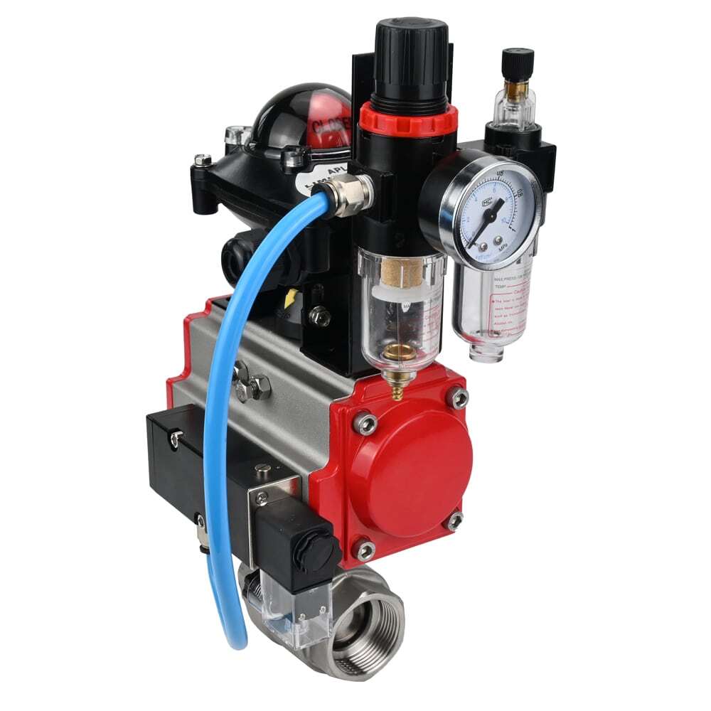 Stainless steel ball valve DNOVA BVMP.316.230-ISO 914 PSI, threaded, full port, body material - stainless steel AISI 316, with pneumatic actuator with return springs DNOVA SA, pneumatic distributor 4M310-08 NAMUR 24V, limit switch block APL-410N EX, air