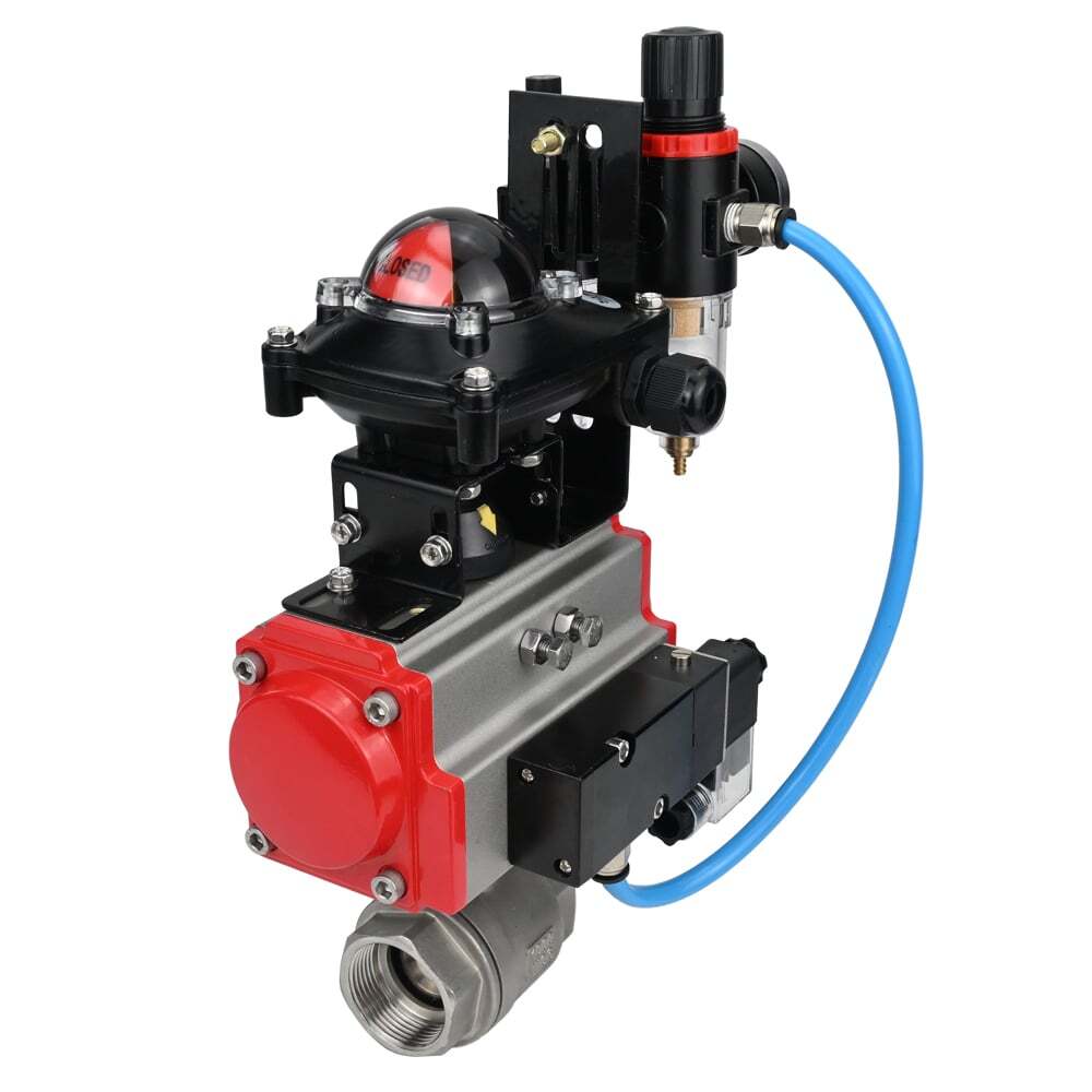 Stainless steel ball valve DNOVA BVMP.316.230-ISO 914 PSI, threaded, full port, body material - stainless steel AISI 316, with pneumatic actuator with return springs DNOVA SA, pneumatic distributor 4M310-08 NAMUR 24V, limit switch block APL-410N EX, air